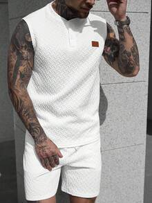 Manfinity CasualCool 男士夏季休闲纹理背心和短裤套装 - 白色 - 查看 3