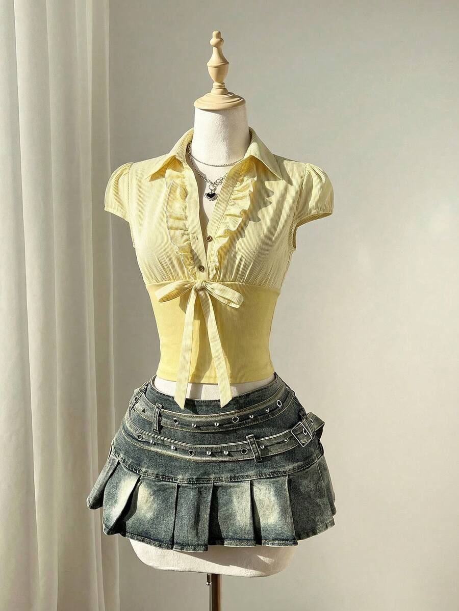 Elamini Women's Black & White Striped Hem Patchwork Design Button-Up Ruffle Collar Short Sleeve Fitted Blouse, Sexy Retro European And American Style - Yellow - View 1