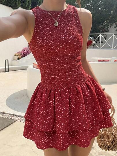 Sunnyshic Women's Red Polka Dot Sleeveless Fitted A-Line Hem Mini Dress, Stretchy Crew Neck, Sweet Romantic Beach Resort Style, Spring/Summer