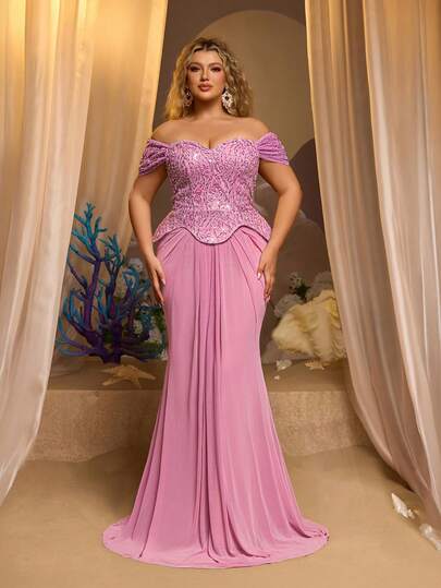 Glamrae Plus Size Elegant Lotus Pink Romantic 3D Lace Off-Shoulder See-Through Fishbone Trim Mermaid Tail Maxi Dress, Suitable For Dates, Vacations, Singles Parties, Weddings, Back To School, And All Formal Occasions