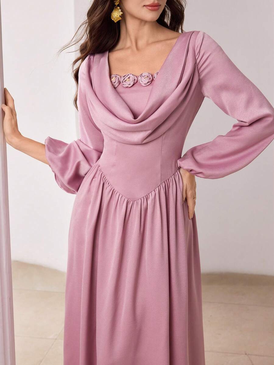 Modelyn 女士春夏粉色编织垂褶领荷叶边腰身A字优雅浪漫连衣裙 - 粉色 - 查看 1