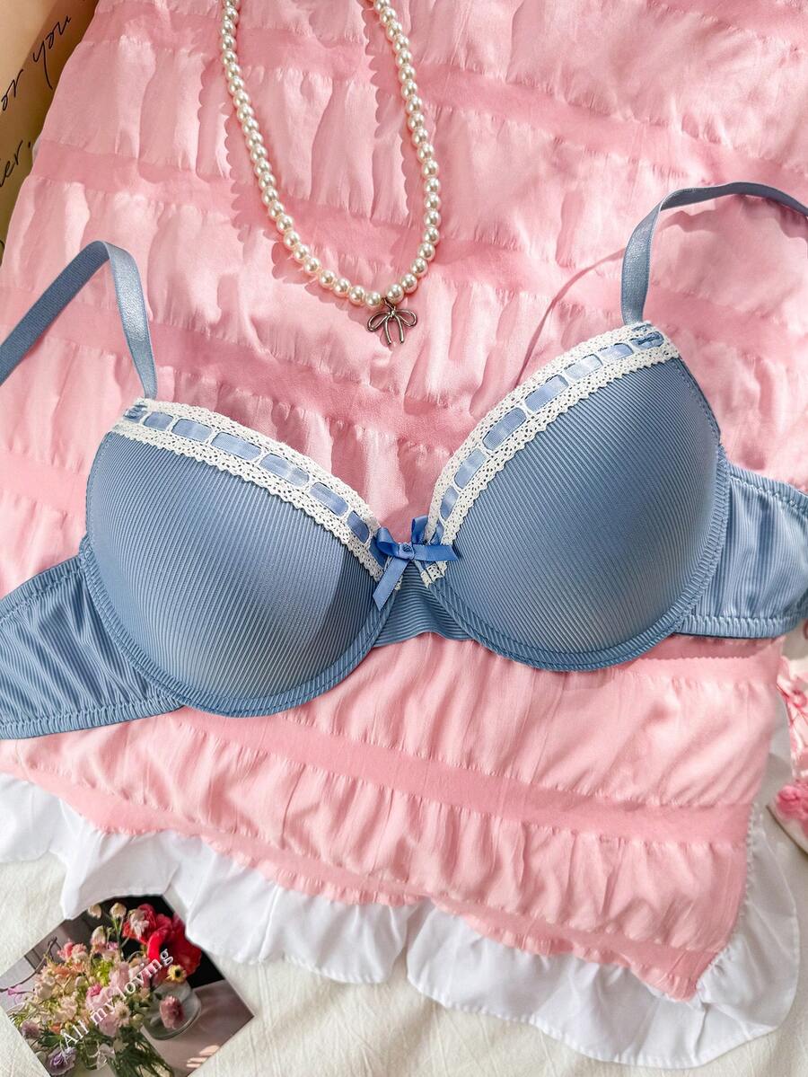 PetitDoll 1pc Contrast Color Cute Sweet Underwear With Wire, 1pc Wedding Light Balconette Bras Bras Cute Light Blue Lingerie Set - Baby Blue - View 1