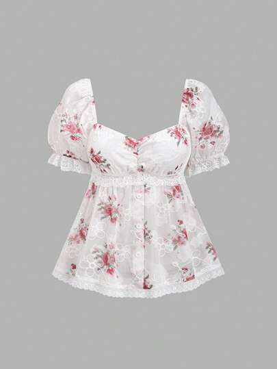 Sweetra Spring/Summer Women's French Ditsy Floral Fabric Beach Vacation Sweetheart Neck Petal Sleeve Ruffled Pink Blouse, Summer