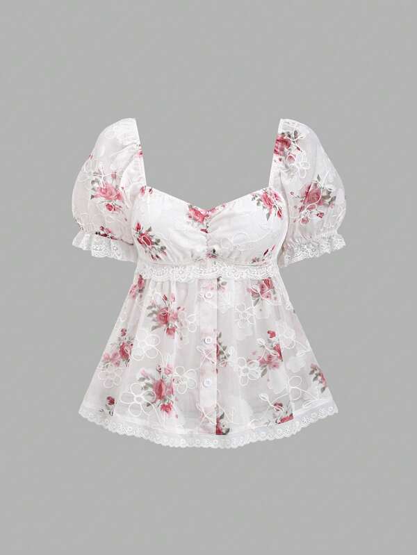 Sweetra Spring/Summer Women's French Ditsy Floral Fabric Beach Vacation Sweetheart Neck Petal Sleeve Ruffled Pink Blouse, Summer