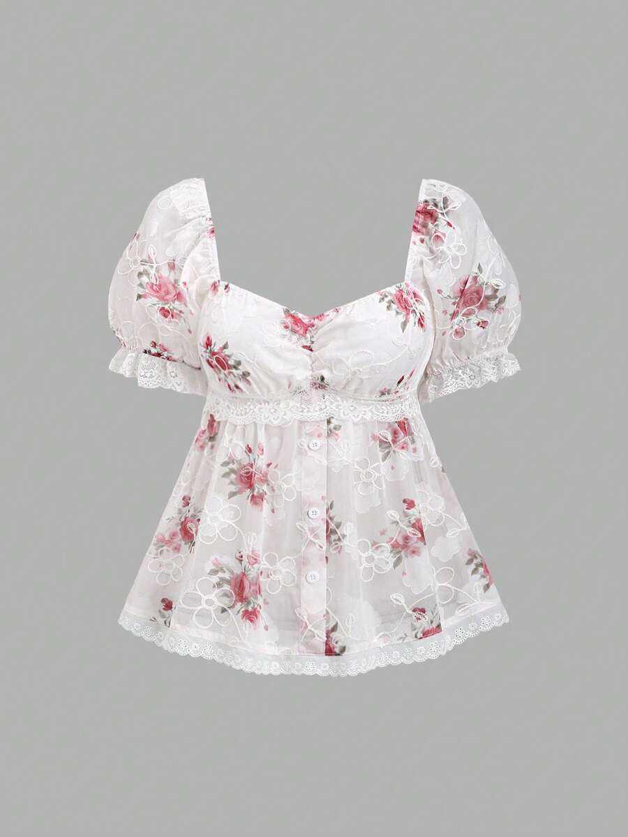 Sweetra 春夏女式法式碎花面料沙滩度假甜心领花瓣袖荷叶边粉色衬衫，夏季 - 彩色 - 查看 1