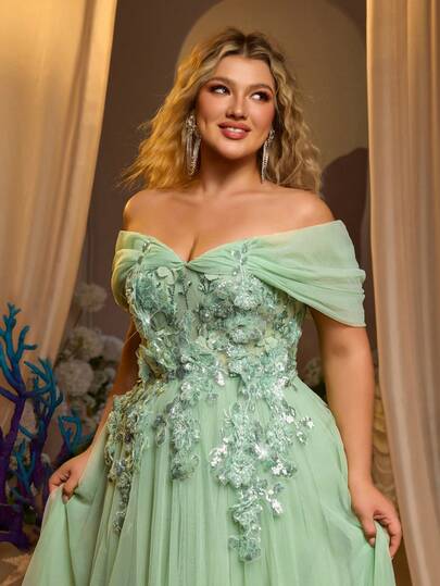 Glamrae Plus Size Elegant Luxurious Green Sequin Embroidered Floral Exquisite Off-Shoulder Puff Sleeve Tulle Maxi Dress, Suitable For Formal Dinner Party, Gala, Wedding Events