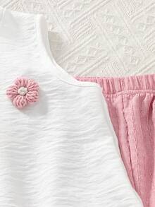 SHEIN 2pcs/Set Toddler Girls' Cute 3D Bow Sleeveless Top And Wide Leg Cropped Pants Set,Summer Family Matching Kids Clothes Outfit For Vacation & Outings - Multicolor - View 5