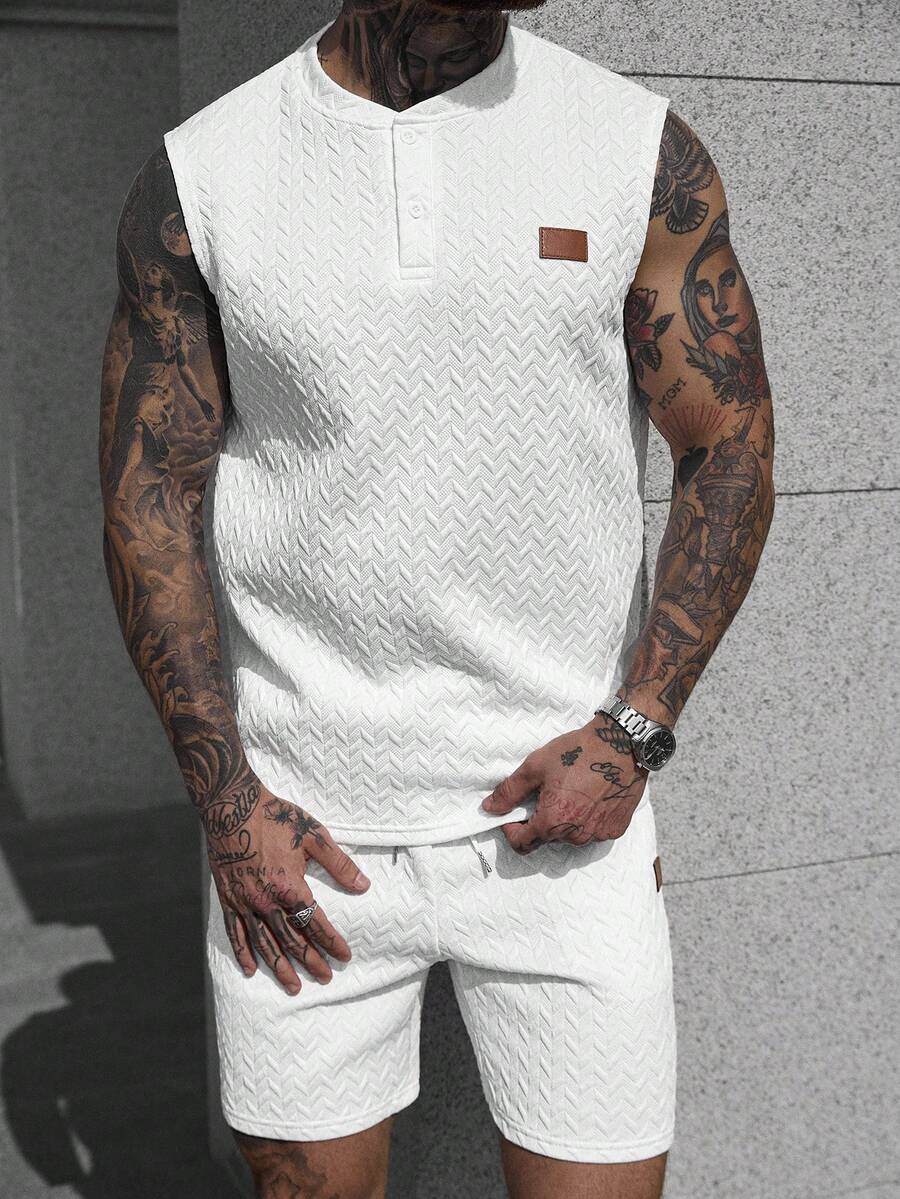 Manfinity CasualCool 男士夏季休闲纹理背心和短裤套装 - 白色 - 查看 1