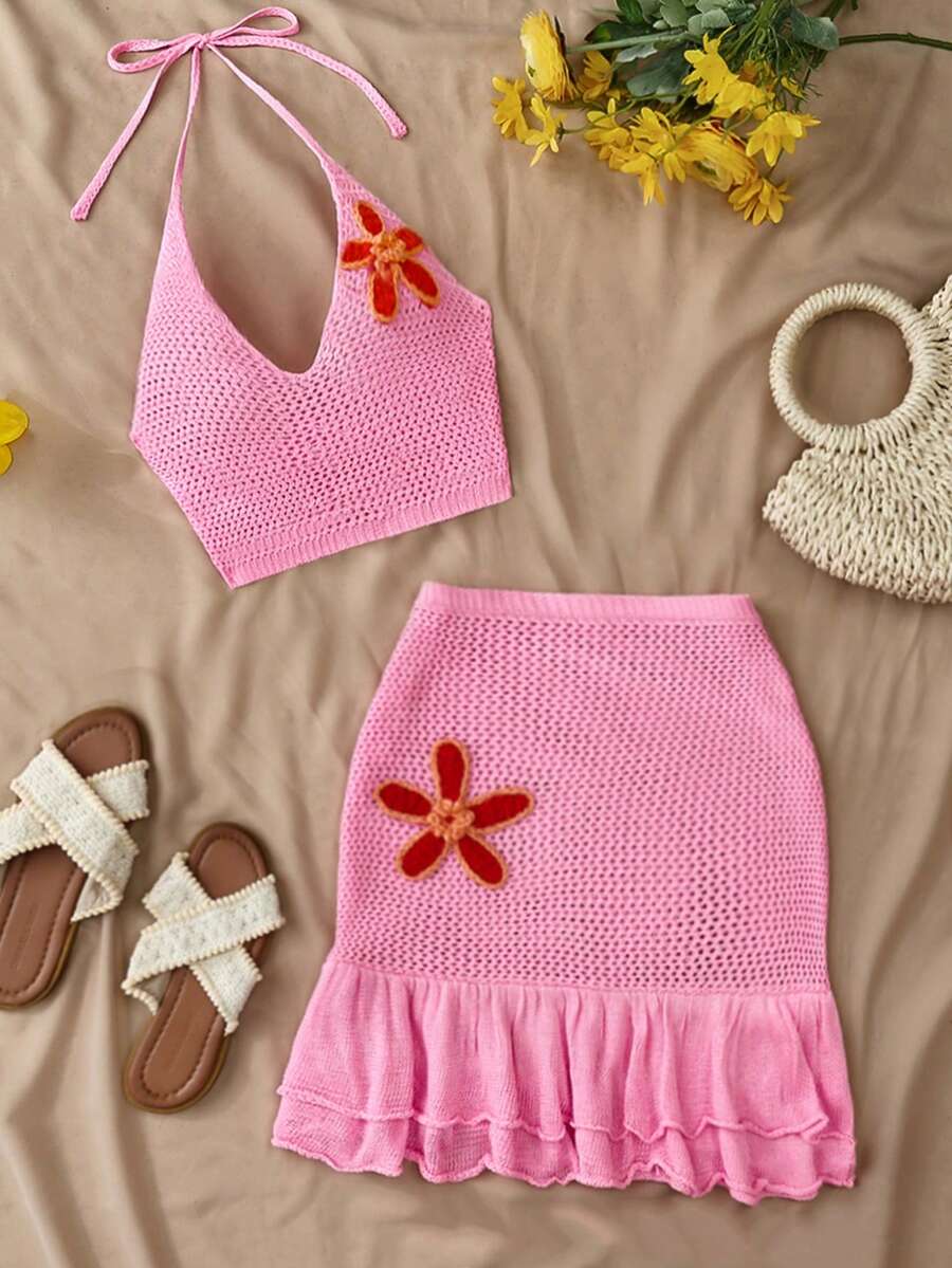 Trelyra New Summer European And American Sexy Slim V-Neck Starfish Print Blouse And Skirt Two Pieces Set, Bohemian Romantic Vacation Loose Casual Outfit - Hot Pink - View 1