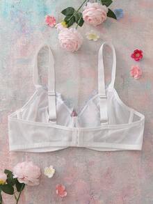 FloralLove 花卉刺绣交叉肩带3/4罩杯钢圈聚拢可爱浪漫夜店度假文胸及无钢圈文胸，大码 - 白色 - 查看 2