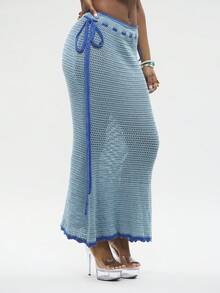 Modviera Women's Summer New Vacation Style High Waist Tie Knit Skirt - Blue - View 3