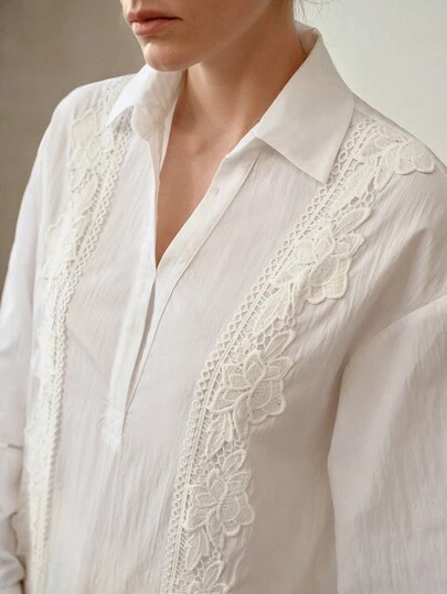 MOTF PREMIUM PATCHWORK LACE DROP SHOULDER LOOSE WHITE BLOUSE