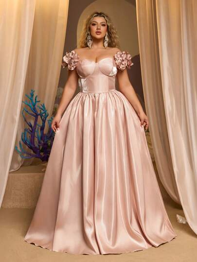 Glamrae Plus Size Elegant Luxurious Romantic Off-Shoulder 3D Floral Sleeve Pleated Maxi Dress, Suitable For Evening Party, Wedding, Vacation (Intricate Design)