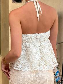 Avenya Mesh Embroidered Halter Backless Casual Vacation Cropped Top - Apricot - View 4