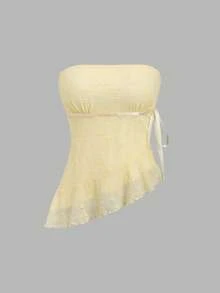 Sweetra Blusa con escote asimétrico, lazo de encaje y estilo Y2K sexy - amarillo ganso - Ver 4