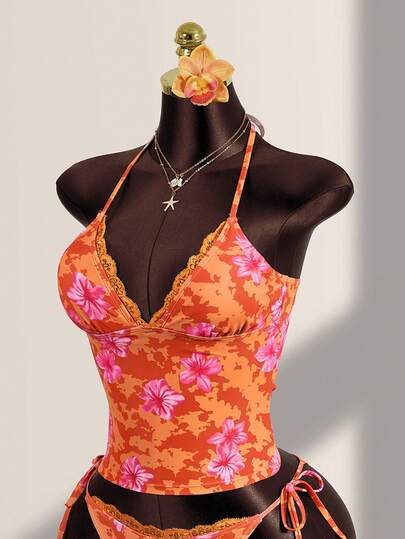 Zestiva Women's Summer Vacation Casual Beach Wear Tropical Floral Tie-Dye Print Swimwear Top, Bikini Lace Trim Swimwear