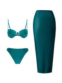 Swim Chiccia 春夏三件套：纯色钢圈可调节吊带上衣、高腰比基尼泳裤和网纱裙，女士优雅泳装套装，适合海滩度假 - 青碧色 - 查看 2