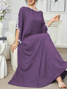 Al Najma Vestido feminino elegante e discreto com estampa floral 3D, estilo árabe, modelagem solta, ideal para primavera/outono. - Roxa - Ver 3