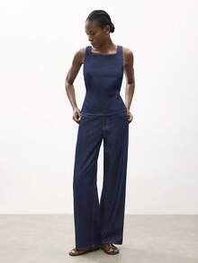 Maija Women's Casual Backless Tie Denim Vest And Pants Set, Summer - Dark Wash - View 5