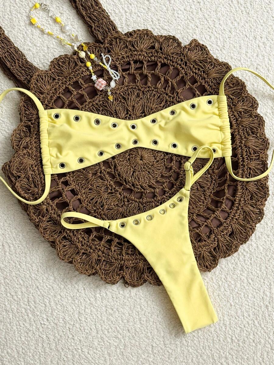 SHEIN Swim 2025新款女士纯色性感抹胸沙滩度假休闲性感泳装套装 - 黃色 - 查看 1