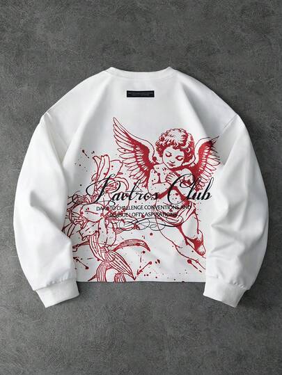 PAVTROS Men's Street-Style Popular INS Matching Angel Floral Element Retro Graffiti Style Outdoor Music Festival Nightclub Boyfriend/Husband Gift Anniversary Gift White Short Crew Neck Pullover Sweatshirt , Graphic Sweatshirt , Angel Graphic Sweatshirt, Spring To Summer,Summer,Vacation,Vintage,Going Out,Party,Festival,Gift For My Boyfriend,Streetwear,Workout