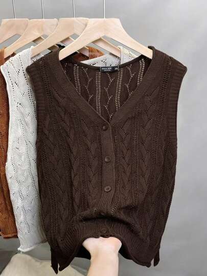 EMERY ROSE 2026 大码女式时尚休闲简约百搭小V领系带纽扣咖啡棕色毛衣背心开衫，适合日常穿着