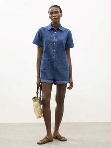 Maija Women's Summer Casual Front Button Denim Romper - Light Wash - View 5