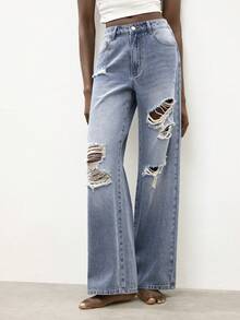 Maija Jeans rectos de mujer con lavado desgastado y efecto desgastado - Azul - Ver 6