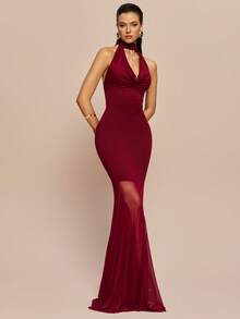 Olia Maree Women's Elegant Burgundy Summer Deep V Ruched Bodycon Dress,Patchwork Sheer Mesh Flared Skirt Long Formal Dining Party Evening Gown - Burgundy - View 9