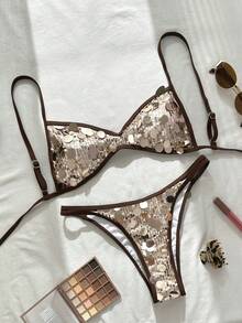 Swim Vcay Bộ bikini hai mảnh màu vàng sâm panh đính sequin, kiểu dáng buộc dây hai bên, thích hợp cho nữ đi biển mùa hè. - Rượu sâm banh - Xem 3
