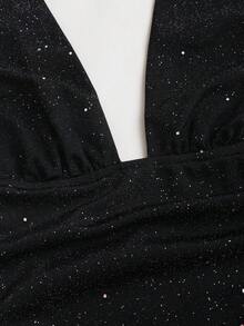 Sweetra Women's Fashionable Bodysuit, Sexy Rhinestone Shiny Deep V Backless Slim Fit Black Bodysuit, Spring/Summer - Black - View 8