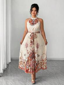 SHEIN Elenzya Large-Sized Woven Elegant Pleated Summer Women's Dress - Apricot - View 4