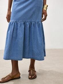 Maija 女士休闲系带露背吊带牛仔连衣裙，夏季 - 中等水洗藍 - 查看 7