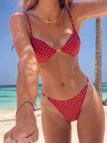 Swim Mod Bộ 2 món bikini hai mảnh họa tiết hoa nhí nhiều màu sắc, có khóa ngọc trai bên hông, kiểu dáng cạp cao, thích hợp cho nữ, đi biển hoặc nghỉ mát. - Đỏ - Xem 1