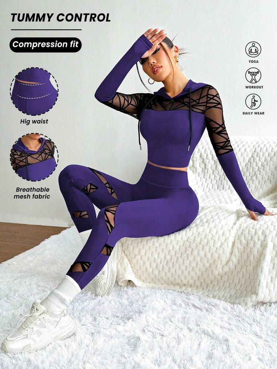 Eassivo Eassivo 女士休闲运动拼接几何网眼抽绳连帽衫和高腰紧身裤运动套装 - Bold Plum - 查看 1