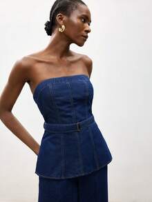 Maija Women's Fashionable Commuter Denim Tube Top For Summer - Dark Wash - View 4