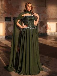 Glamrae Plus Size Elegant Luxurious Green Beaded & Sequin Patchwork Chiffon Flare Sleeve Maxi Dress, Suitable For Wedding, Party, Vacation, Ball, Evening Gown (Heavily Embellished Design) - Green - View 7