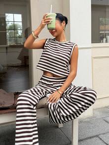 Muchica 女士条纹吊带背心和裤子两件套，休闲夏季套装 - 彩色 - 查看 1