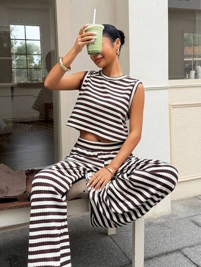 Muchica 2 Stück/Set Damen gestreifter Trägerrock und Hose, lässiger Sommer-Outfit