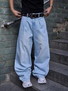 Manfinity Roghcode 男士休闲宽松褶皱阔腿蓝色牛仔裤 - 淺色水洗藍 - 查看 7