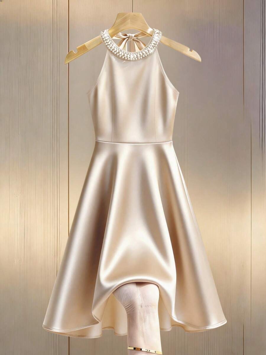 Franclia 优雅通勤圆领无袖醋酸纤维串珠后背系带修身休闲派对连衣裙（女款） - 杏色 - 查看 1