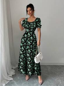 Rafferiza Women's Multicolor Elegant Long Dress With Sweetheart Neckline Puff Sleeves And Floral Random Print - Multicolor - View 4