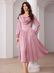 Modelyn 女士春夏粉色编织垂褶领荷叶边腰身A字优雅浪漫连衣裙 - 粉色 - 查看 5