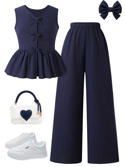 Elladie kids Tween Girls' Summer Casual Solid Color Front Tie Ruffle Hem Top And Wide Leg Pants Set Cruise Outfit For Women Cute Clothes Set Preppy Outfit Set Navy 2 Piece For Teen Girls Navy Blue Set Tween Navy Blue Girls Outfits Girl Outfit Sets Blue Teen Girl Outfits Set Blue Girlish Navy Blue Set