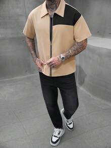 SLATEMANN Men's Casual Contrast Color Zip-Up Short Sleeve Shirt, Summer Zip Up Short Sleeve Shirt Men Zip Up Shirts Mens Color Block Shirt Streetwear Men Shirt Black And Beige Shirt For Men Old Money,Daily Leisure, Weekend Trips, Outdoor Activities, Travel Expeditions, Relaxed Work Environments Or Semi-Formal Occasions, Boyfriend/Husband Gift, Anniversary /Birthday Gift Party Summer Vacation Holiday,Wedding,Spring To Summer Men Cruise Outfit Yacht Outfit Men Men Beach Outfit Set - Multicolor - View 4