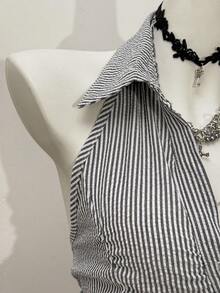 Jeanoix 女士条纹面料通勤办公休闲性感吊带衬衫 - 黑與白 - 查看 4