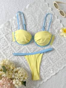 Swim Mod 女款可愛布料黃色素色比基尼套裝，配有肩帶與模壓杯設計，適合夏季泳池畔 - 黃色 - 查看 6