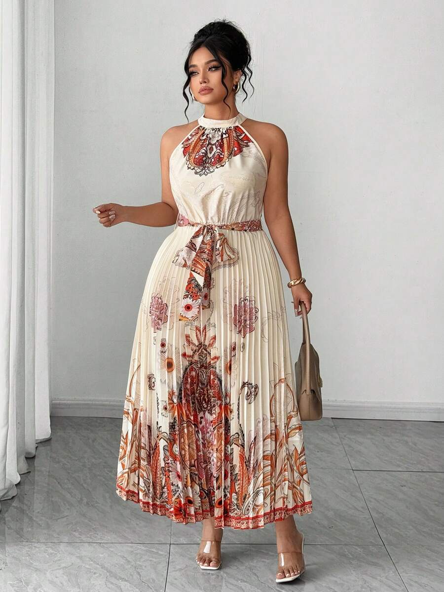 SHEIN Elenzya Large-Sized Woven Elegant Pleated Summer Women's Dress - Apricot - View 1