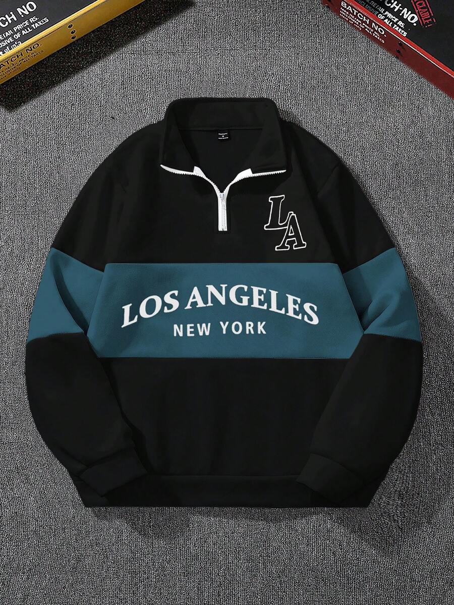 Manfinity Campus Court Men's Letter Print Zip-Up Casual Sweatshirt - Black - View 1