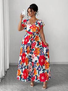 SHEIN Elenzya 大码优雅印花褶皱连衣裙，夏季 - 粉色 - 查看 7